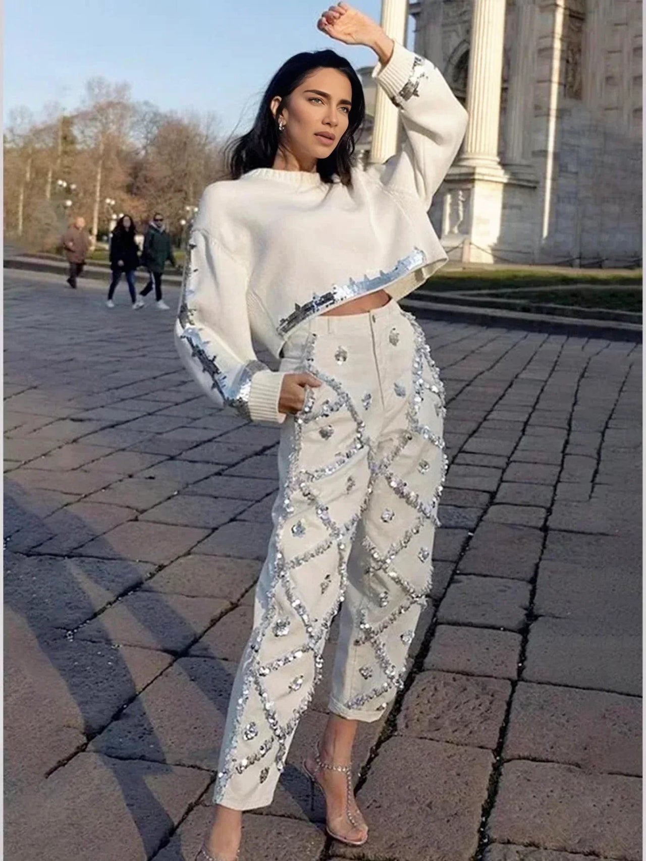 Women's Cropped Sequin Sweater Chic Cropped Top Pullover Knitted Fashion Chic Outerwear