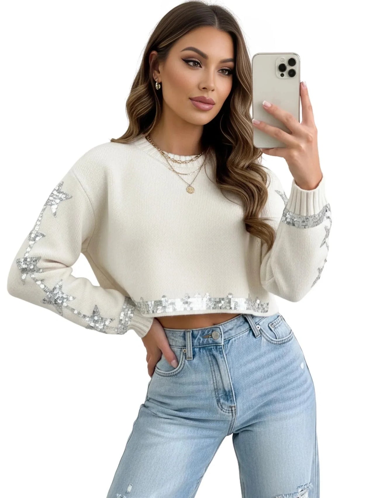 Women's Cropped Sequin Sweater Chic Cropped Top Pullover Knitted Fashion Chic Outerwear