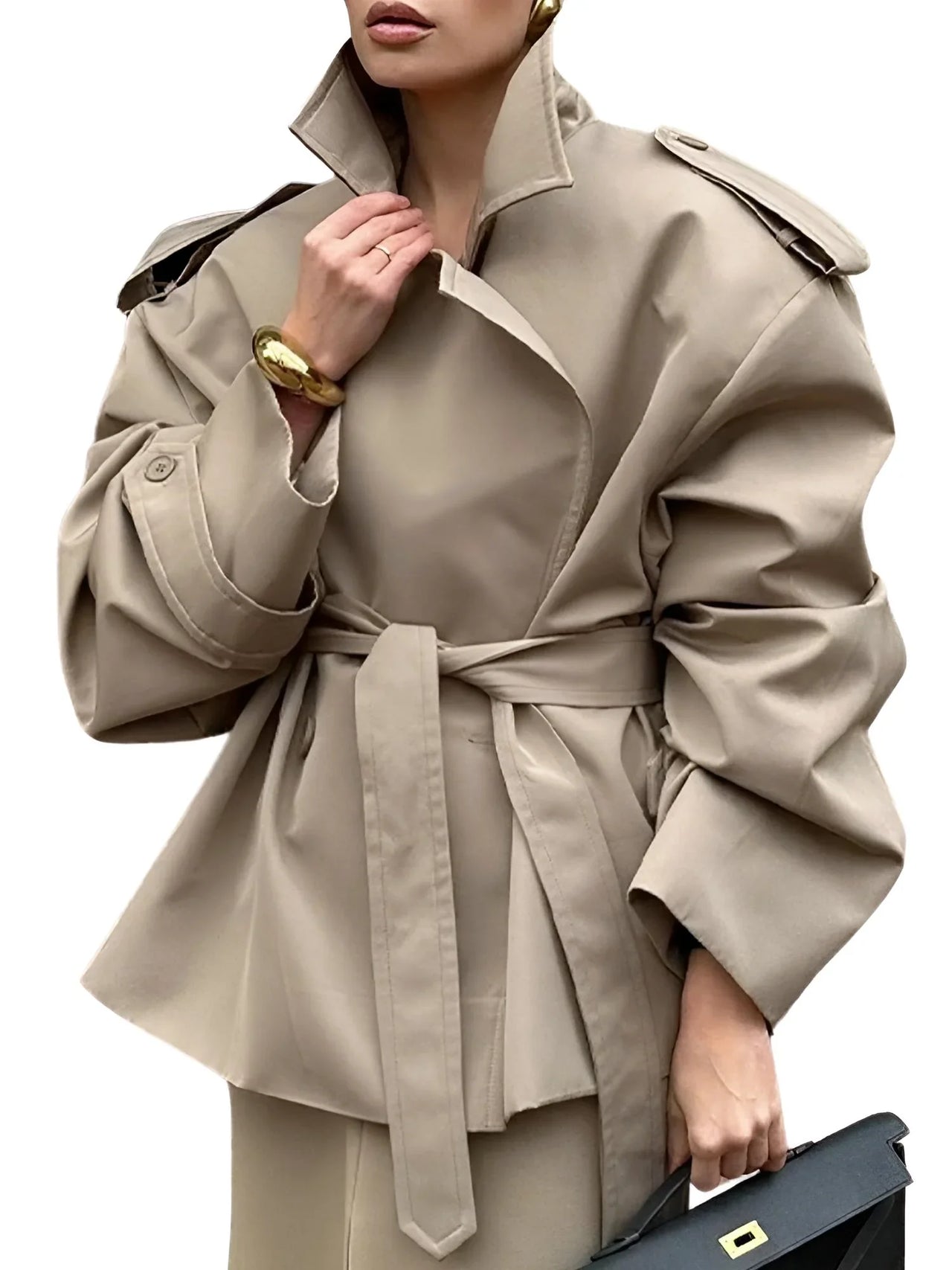 Women's Cropped Trench Coat Chic Collar Lapel Wide Shoulder Jacket Fall Commuting Daily Jackets
