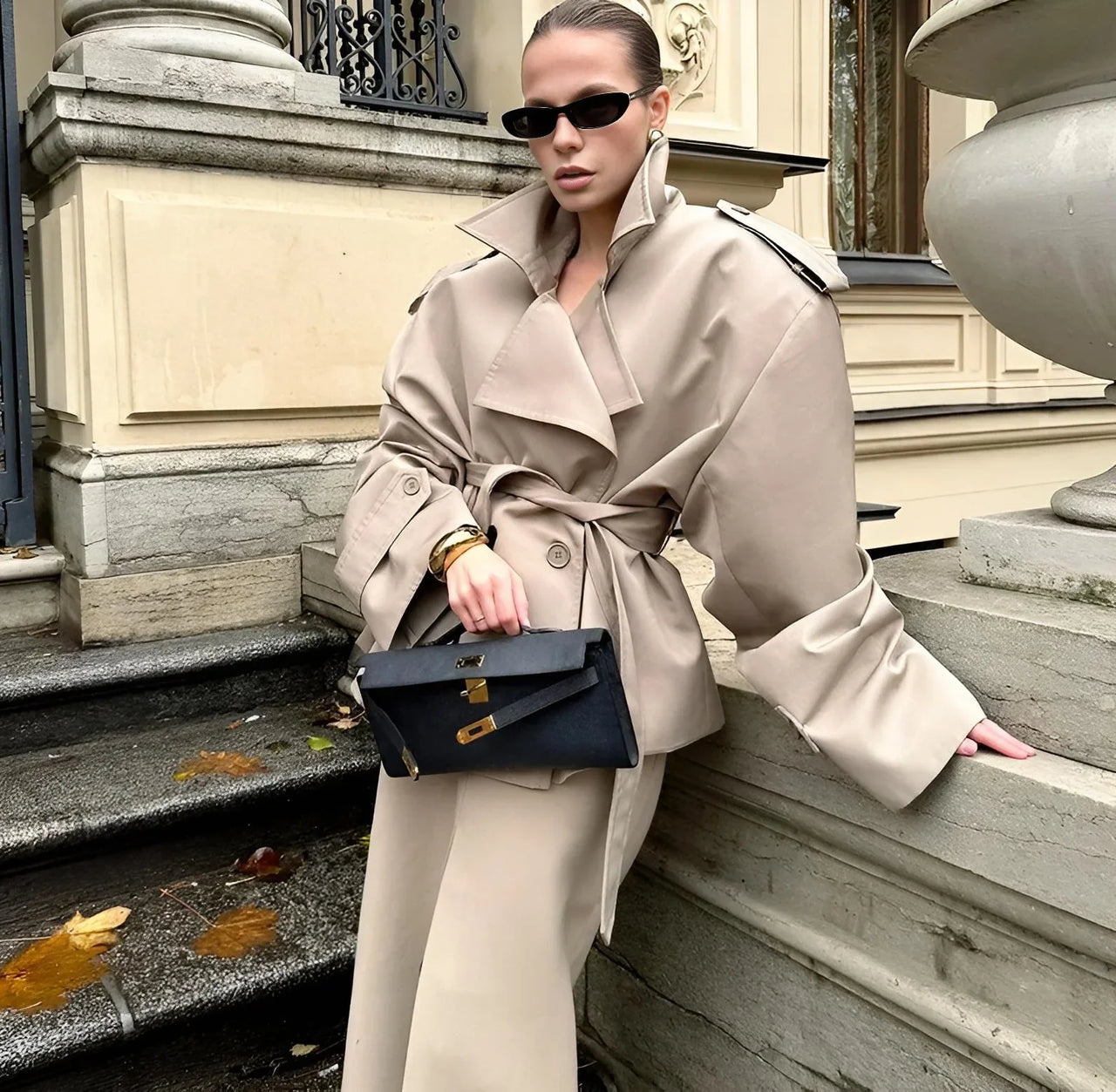 Women's Cropped Trench Coat Chic Collar Lapel Wide Shoulder Jacket Fall Commuting Daily Jackets