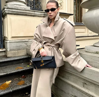 Thumbnail for Women's Cropped Trench Coat Chic Collar Lapel Wide Shoulder Jacket Fall Commuting Daily Jackets
