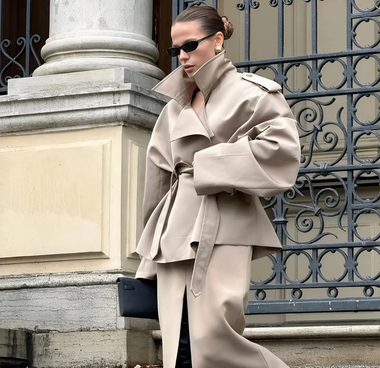 Women's Cropped Trench Coat Chic Collar Lapel Wide Shoulder Jacket Fall Commuting Daily Jackets