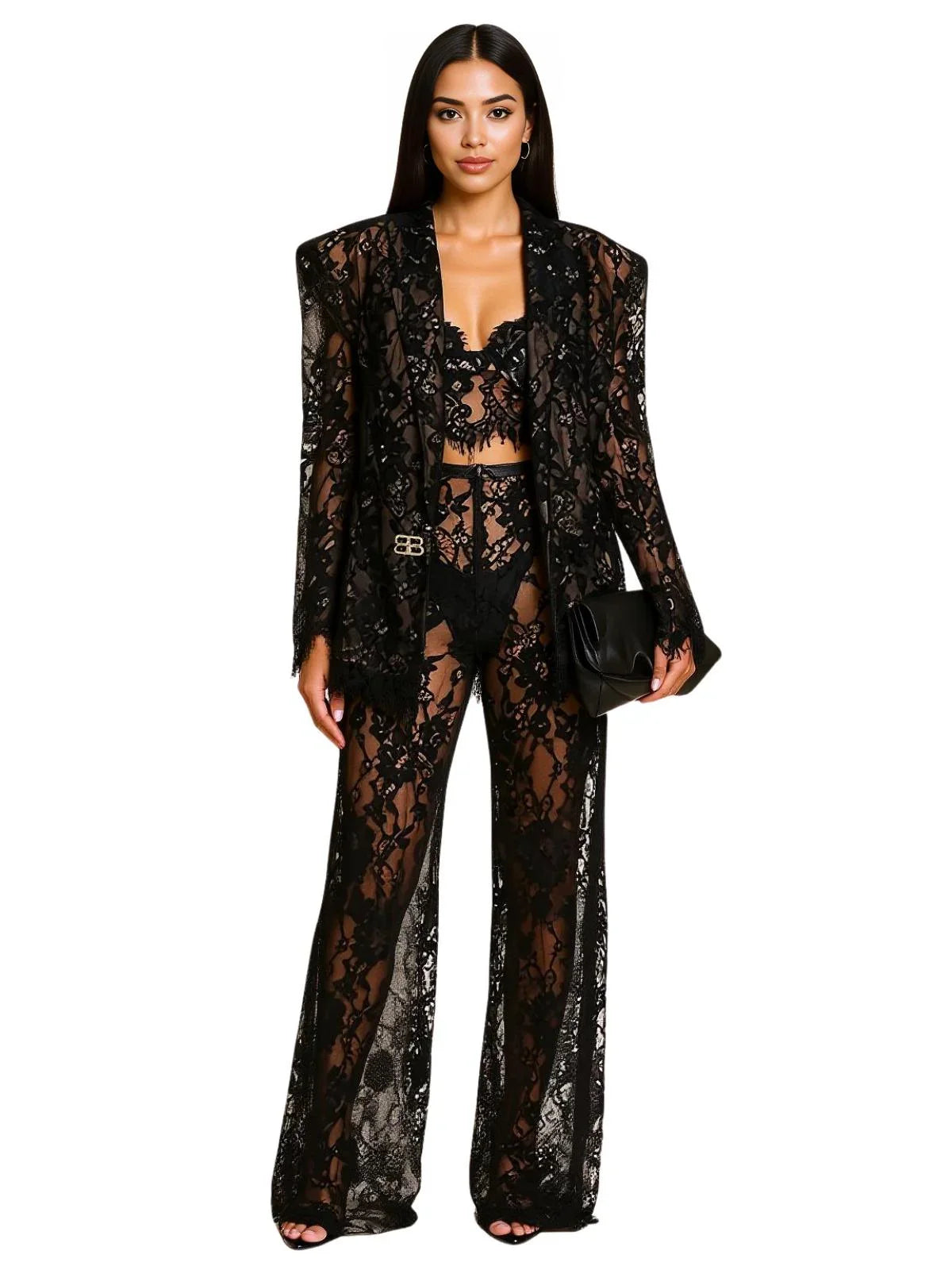 Women's Custom Black Lace Suit Set 2 Piece Blazer + Pants Sexy See Through Jacket Custom Made