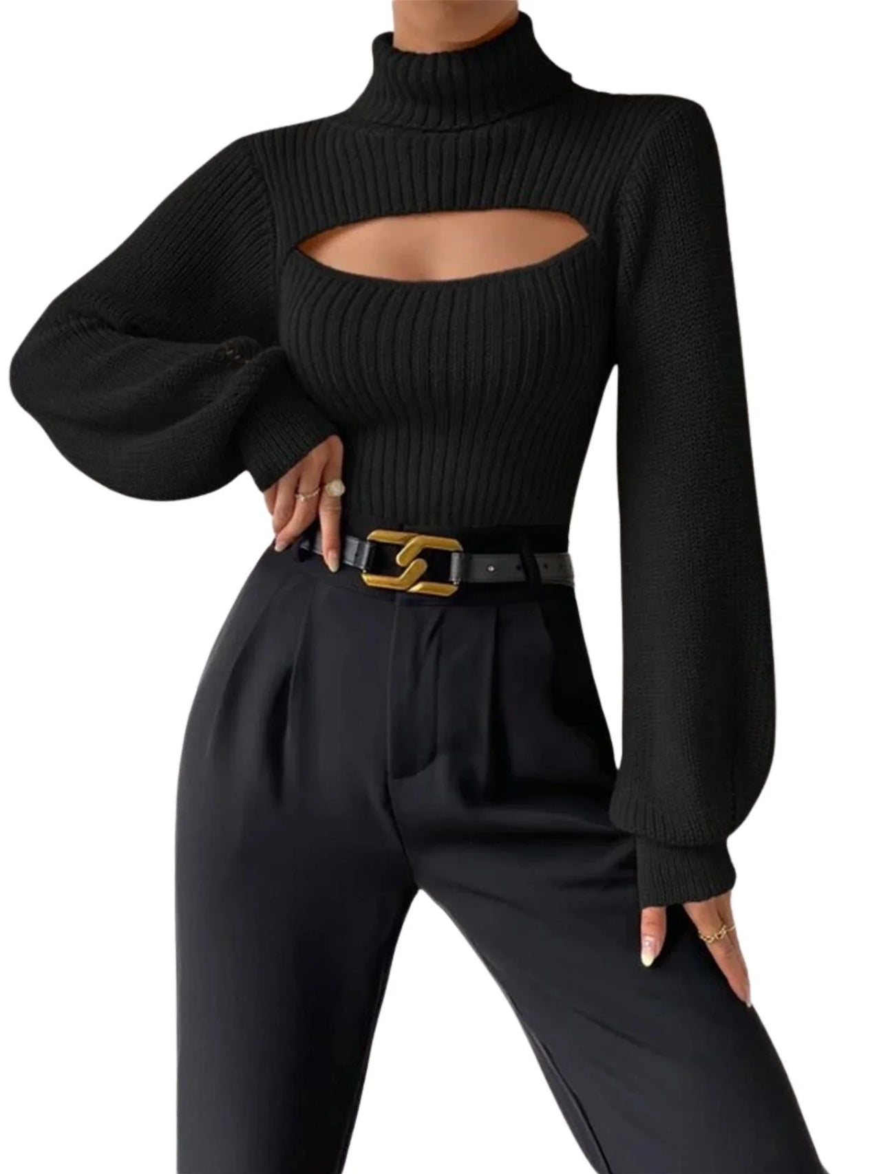 Women's Cut-Out Turtleneck Sweater High Fashion Long Sleeves Tight Knit Tops Cut Out Sweater