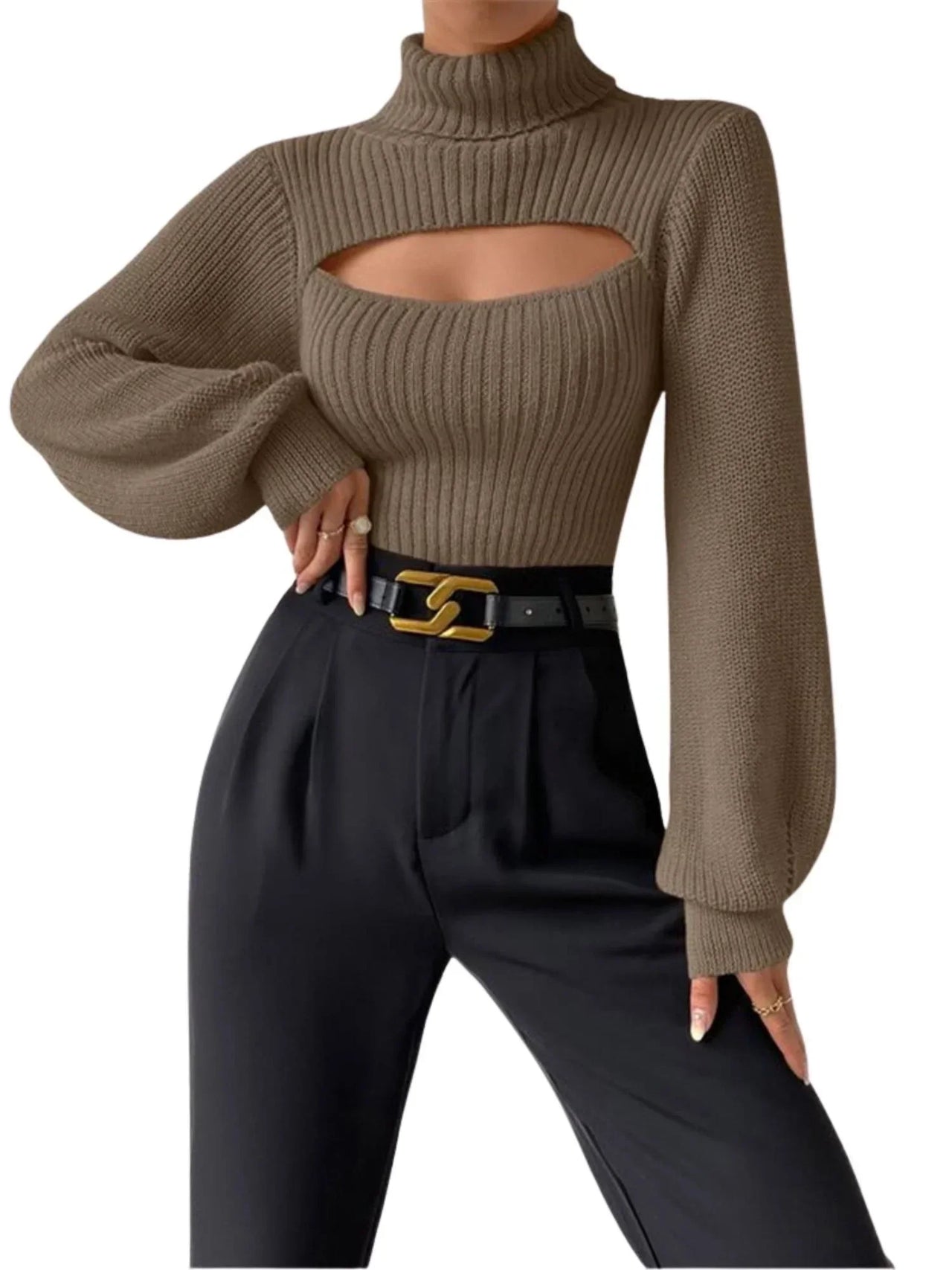Women's Cut-Out Turtleneck Sweater High Fashion Long Sleeves Tight Knit Tops Cut Out Sweater