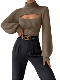 Thumbnail for Women's Cut-Out Turtleneck Sweater High Fashion Long Sleeves Tight Knit Tops Cut Out Sweater