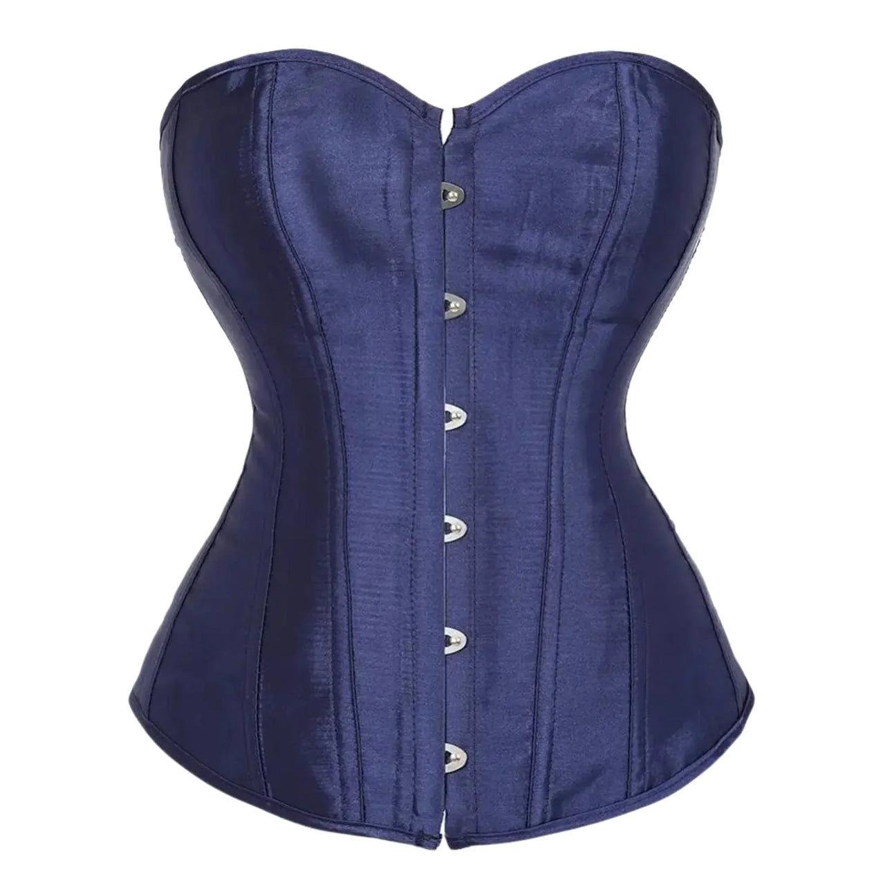 Dark blue satin corset with silver buttons on a white background