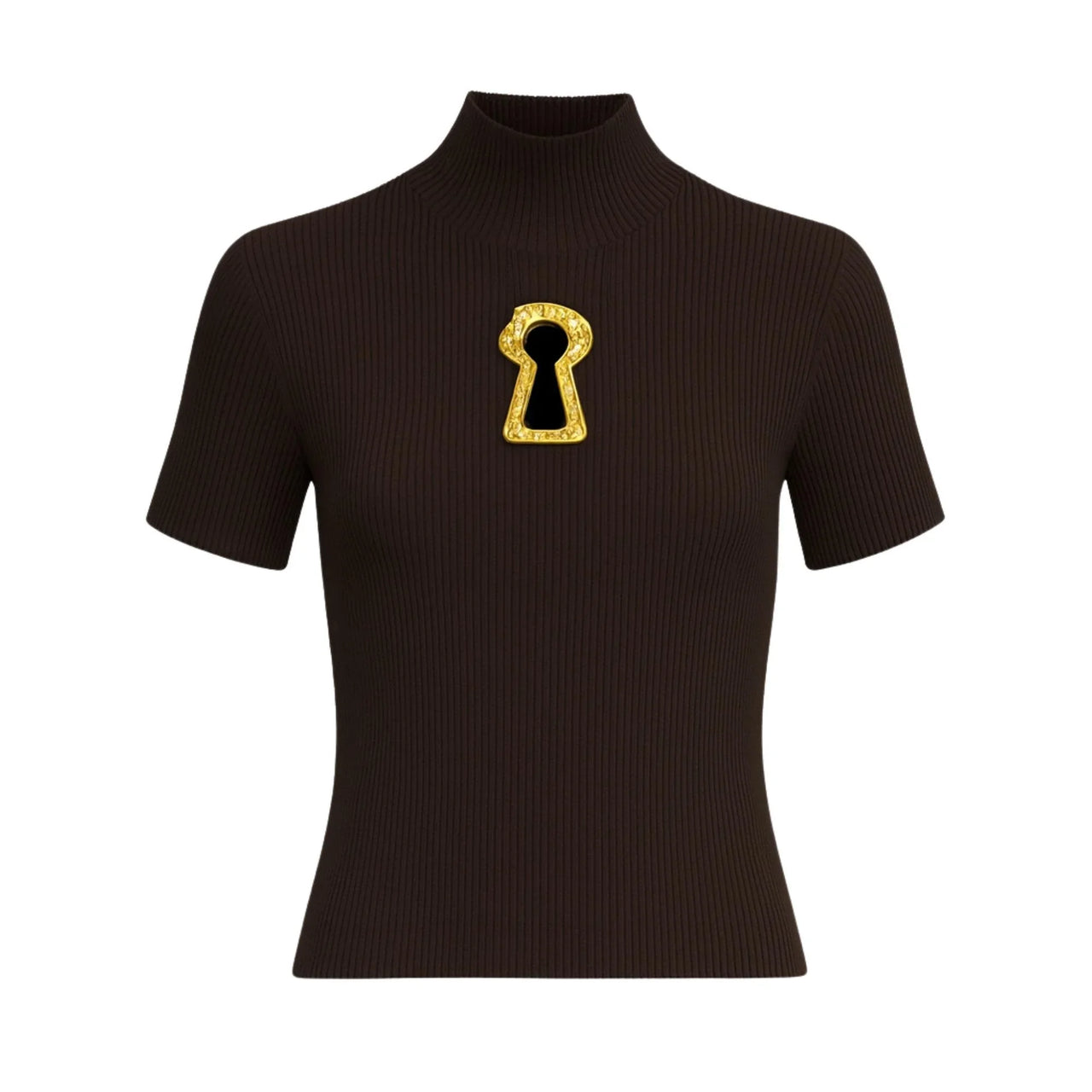 Brown ribbed turtleneck top with a gold keyhole cutout design on a white background