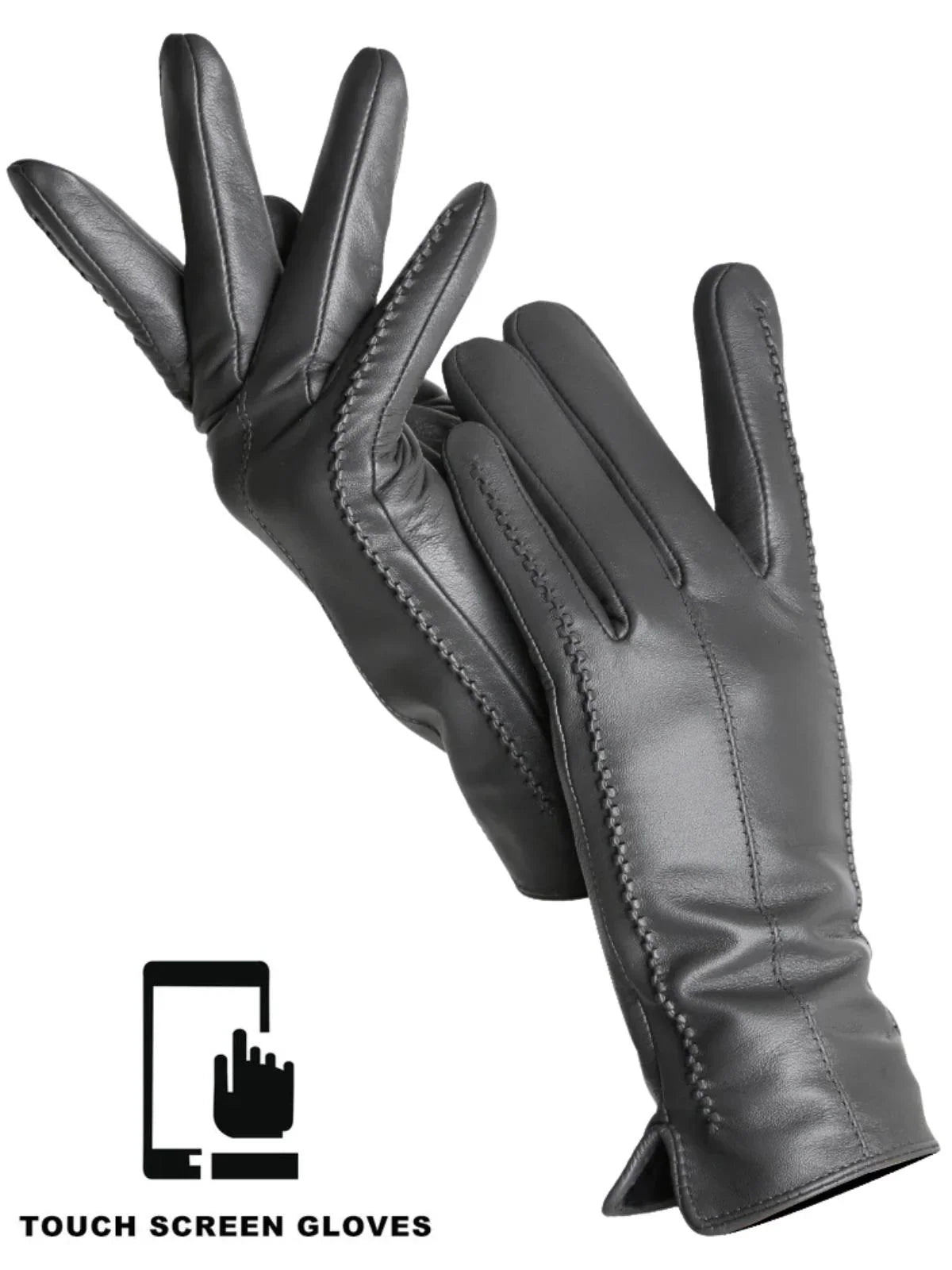 Dark grey leather gloves with touch screen functionality on a white background