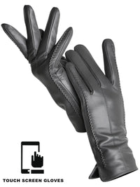 Thumbnail for Dark grey leather gloves with touch screen functionality on a white background