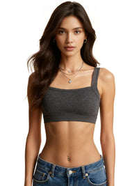 Thumbnail for Woman wearing a dark grey ribbed crop top and blue jeans on a white background