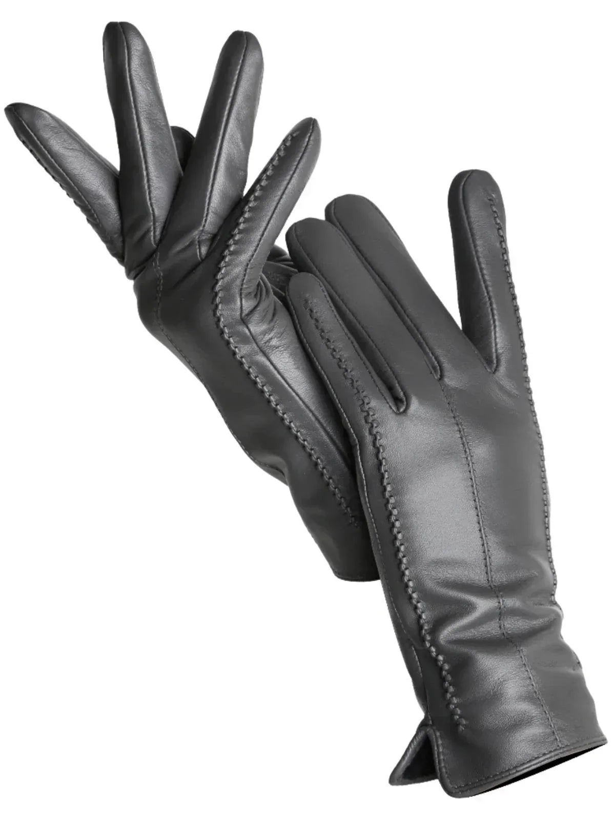 Pair of dark grey leather gloves on a white background