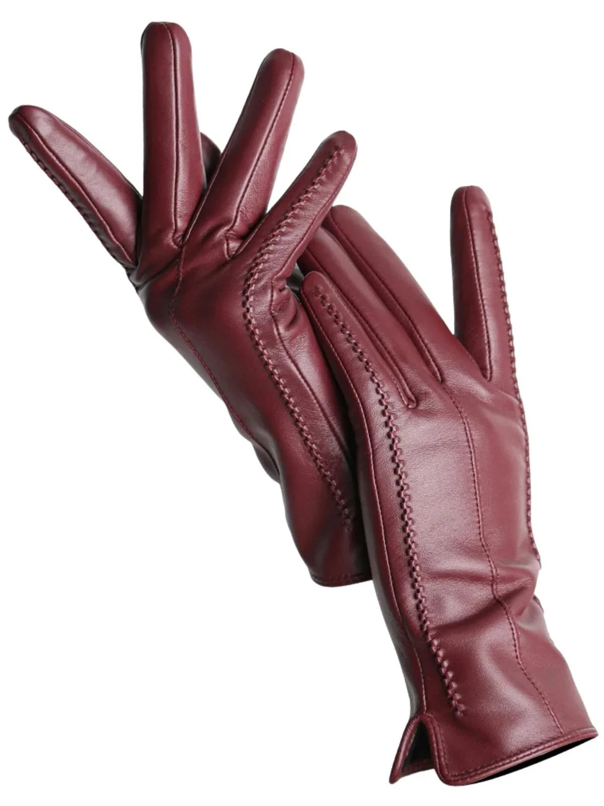 Dark red leather gloves on a white background
