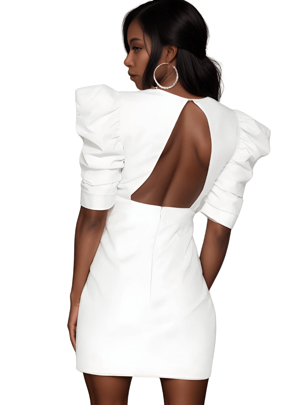 Women's Deep V-Neck Puff Sleeve Dress -, Dresses , Drestiny , Australia, Canada, FR, L, M, Mini Dresses, New Zealand, S, Short Sleeves, United Kingdom, United States, White , Drestiny , www.shopdrestiny.com
