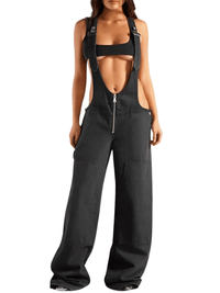 Thumbnail for Women's Denim Overalls Exposed Zipper Detail Slant Pockets Utility Jumpsuit Streetwear Chic Stretch Fit Adjustable Straps, Drestiny, Overalls, Jumpsuits, Jeans, Casual Pants, S, M, L, Blue, Black, 4, 6, 8, 10, United States, USA, Australia, New Zealand, United Kingdom, UK, Denim overalls women, women's denim overalls, Jean overalls women, blue denim jumpsuit, denim jumpsuit, black denim overalls, shopdrestiny.com