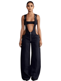 Thumbnail for Women's Denim Overalls Exposed Zipper Detail Slant Pockets Utility Jumpsuit Streetwear Chic Stretch Fit Adjustable Straps, Drestiny, Overalls, Jumpsuits, Jeans, Casual Pants, S, M, L, Blue, Black, 4, 6, 8, 10, United States, USA, Australia, New Zealand, United Kingdom, UK, Denim overalls women, women's denim overalls, Jean overalls women, blue denim jumpsuit, denim jumpsuit, black denim overalls, shopdrestiny.com