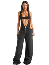 Thumbnail for Women's Denim Overalls Exposed Zipper Detail Slant Pockets Utility Jumpsuit Streetwear Chic Stretch Fit Adjustable Straps, Drestiny, Overalls, Jumpsuits, Jeans, Casual Pants, S, M, L, Blue, Black, 4, 6, 8, 10, United States, USA, Australia, New Zealand, United Kingdom, UK, Denim overalls women, women's denim overalls, Jean overalls women, blue denim jumpsuit, denim jumpsuit, black denim overalls, shopdrestiny.com
