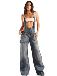 Thumbnail for Women's Denim Overalls Exposed Zipper Detail Slant Pockets Utility Jumpsuit Streetwear Chic Stretch Fit Adjustable Straps, Drestiny, Overalls, Jumpsuits, Jeans, Casual Pants, S, M, L, Blue, Black, 4, 6, 8, 10, United States, USA, Australia, New Zealand, United Kingdom, UK, Denim overalls women, women's denim overalls, Jean overalls women, blue denim jumpsuit, denim jumpsuit, black denim overalls, shopdrestiny.com