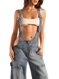 Thumbnail for Women's Denim Overalls Exposed Zipper Detail Slant Pockets Utility Jumpsuit Streetwear Chic Stretch Fit Adjustable Straps, Drestiny, Overalls, Jumpsuits, Jeans, Casual Pants, S, M, L, Blue, Black, 4, 6, 8, 10, United States, USA, Australia, New Zealand, United Kingdom, UK, Denim overalls women, women's denim overalls, Jean overalls women, blue denim jumpsuit, denim jumpsuit, black denim overalls, shopdrestiny.com