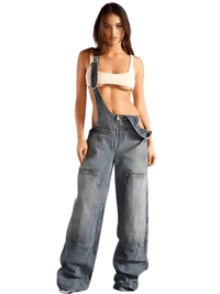 Thumbnail for Women's Denim Overalls Exposed Zipper Detail Slant Pockets Utility Jumpsuit Streetwear Chic Stretch Fit Adjustable Straps, Drestiny, Overalls, Jumpsuits, Jeans, Casual Pants, S, M, L, Blue, Black, 4, 6, 8, 10, United States, USA, Australia, New Zealand, United Kingdom, UK, Denim overalls women, women's denim overalls, Jean overalls women, blue denim jumpsuit, denim jumpsuit, black denim overalls, shopdrestiny.com