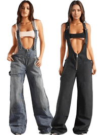 Thumbnail for Women's Denim Overalls Exposed Zipper Detail Slant Pockets Utility Jumpsuit Streetwear Chic Stretch Fit Adjustable Straps, Drestiny, Overalls, Jumpsuits, Jeans, Casual Pants, S, M, L, Blue, Black, 4, 6, 8, 10, United States, USA, Australia, New Zealand, United Kingdom, UK, Denim overalls women, women's denim overalls, Jean overalls women, blue denim jumpsuit, denim jumpsuit, black denim overalls, shopdrestiny.com