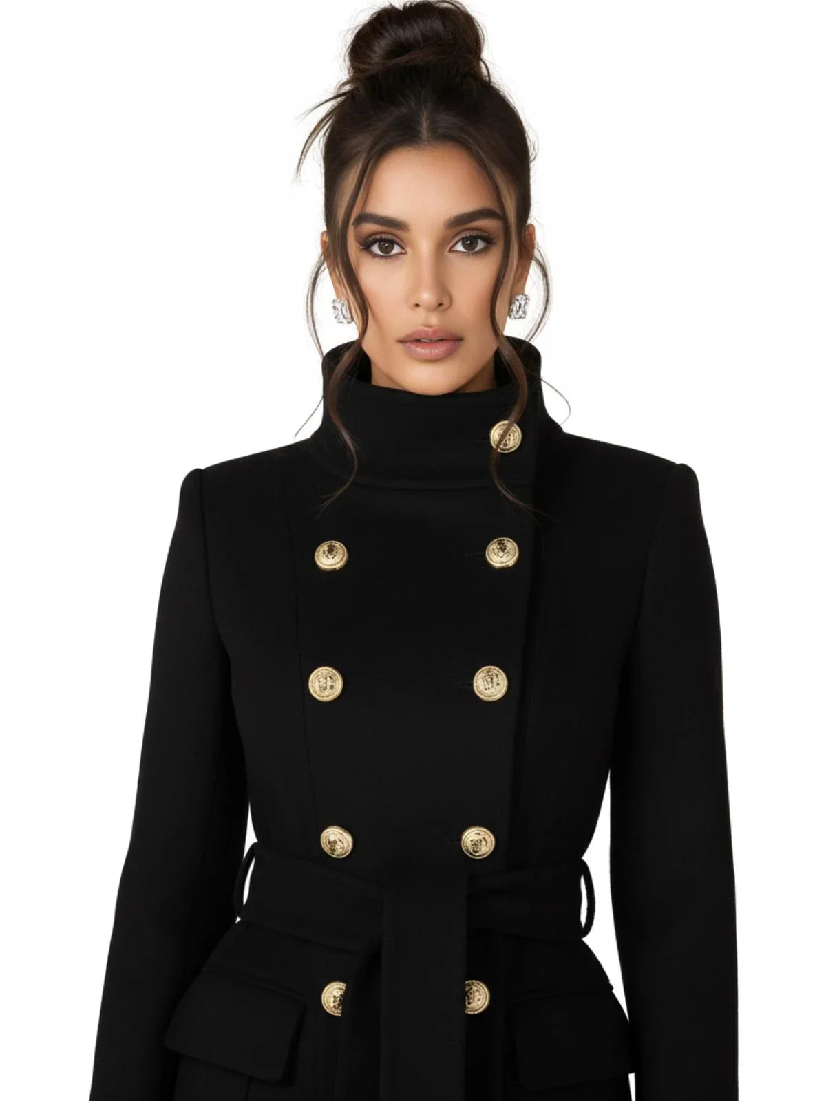 Women's Double-Breasted Wool Blend Coat Gold Buttons