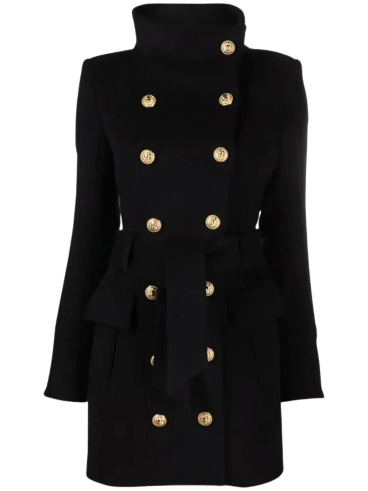 Black wool coat with gold buttons on a white background