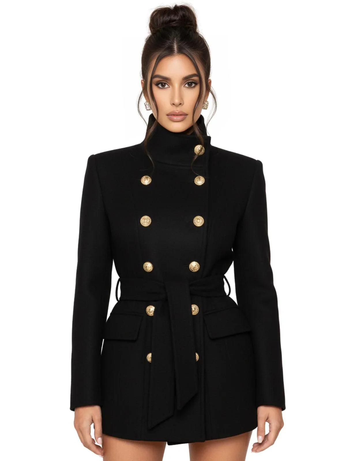 Women's Double-Breasted Wool Blend Coat Gold Buttons