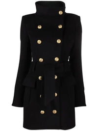 Thumbnail for Black wool coat with gold buttons on a white background