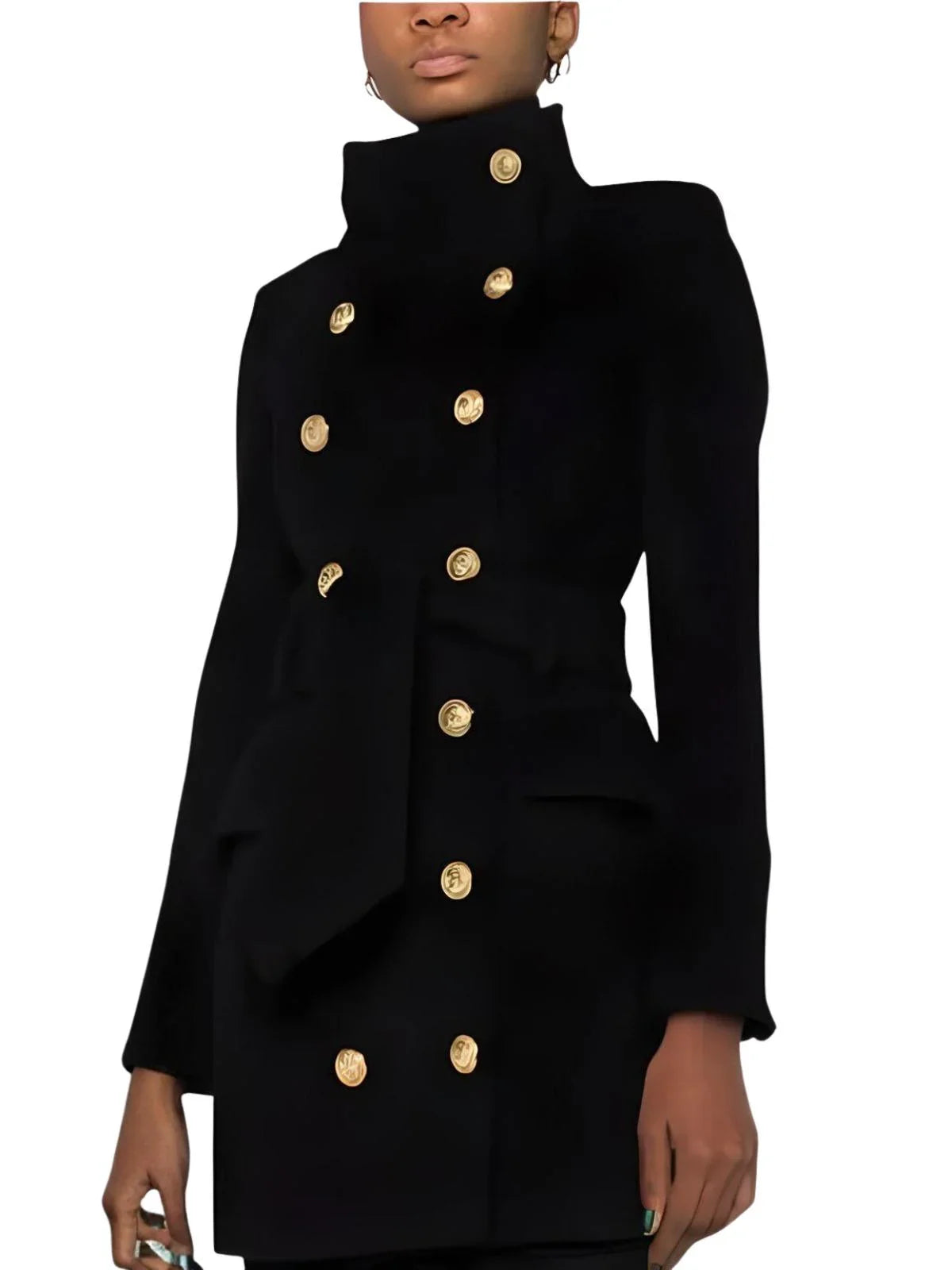 Black coat with gold buttons on a white background