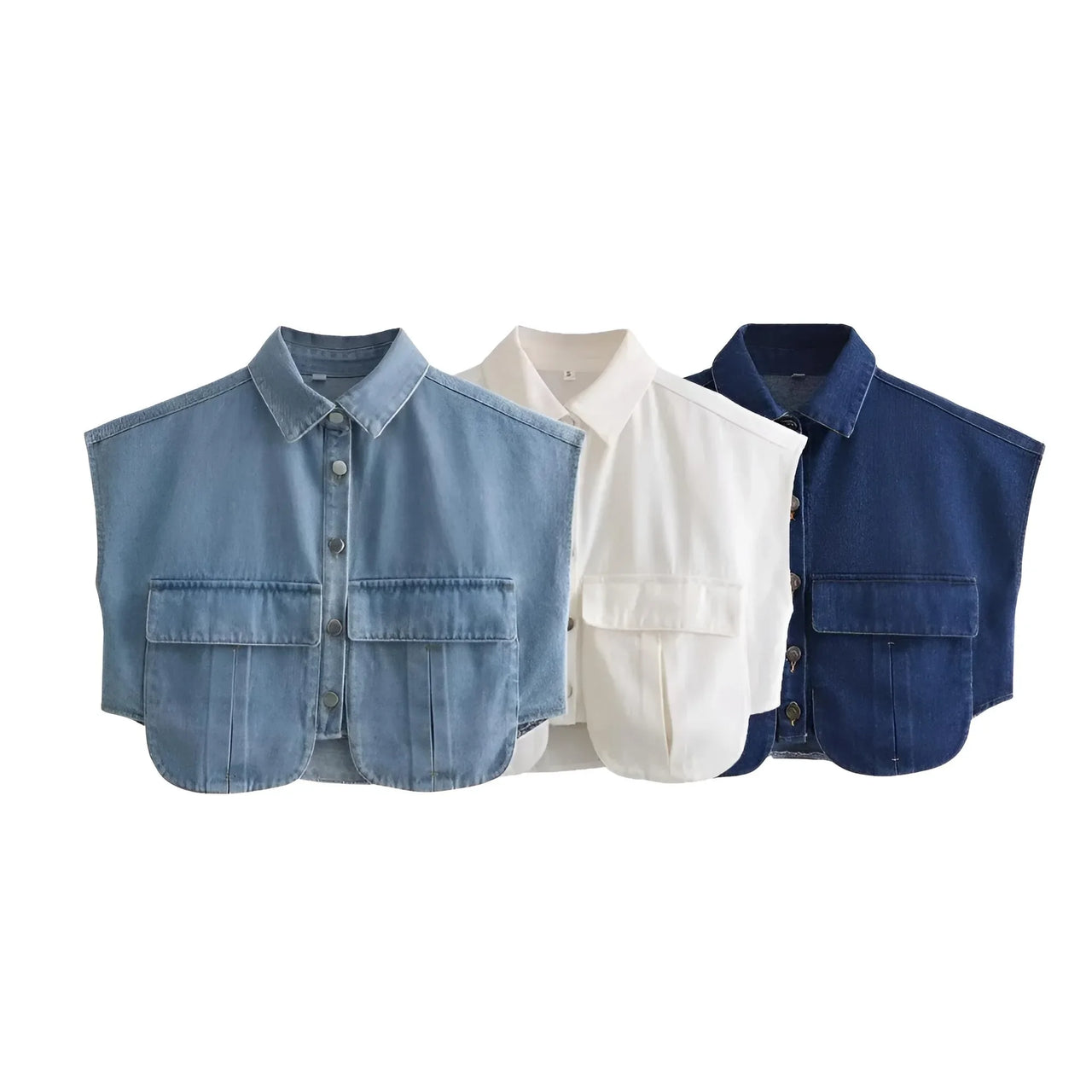 Women's Double Pocket Sleeveless Denim Crop Top Vintage Chic Tops, Drestiny, Crop Tops, Casual Shirts, Tank Tops, Sleeveless, S, M, L, Light Blue, White, Dark Blue, United States, USA, Canada, Australia, New Zealand, United Kingdom, UK, denim crop top, sleeveless denim vest, utility vest crop top, y2k denim top, shopdrestiny.com