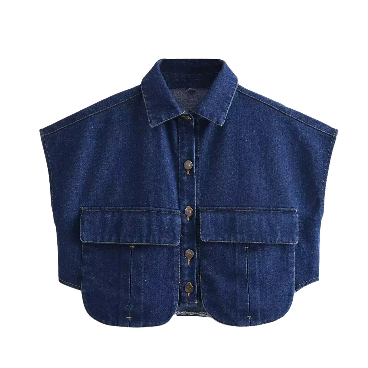 Dark blue sleeveless denim crop top on a white background