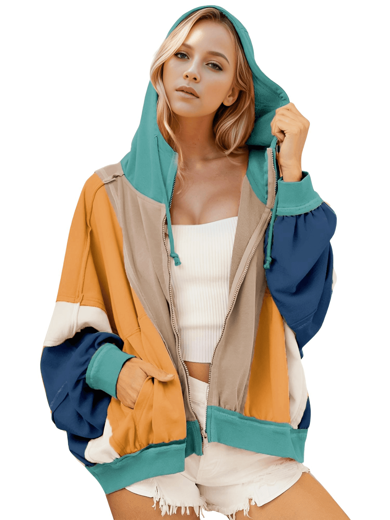 Women's Double Take Color Block Zip-Up Hoodie, Drestiny, Hoodies, Long Sleeves, Casual Shirts, United States, USA, S, M, L, XL, XXL, 2XL, XXXL, 3XL, Khaki, Tiffany Blue, Heliotrope Purple, Burnt Coral, color block zip up hoodie, women's color block hoodie, athletic color block hoodie, trendy hoodies for women, shopdrestiny.com