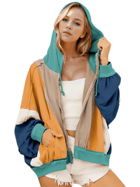 Thumbnail for Women's Double Take Color Block Zip-Up Hoodie, Drestiny, Hoodies, Long Sleeves, Casual Shirts, United States, USA, S, M, L, XL, XXL, 2XL, XXXL, 3XL, Khaki, Tiffany Blue, Heliotrope Purple, Burnt Coral, color block zip up hoodie, women's color block hoodie, athletic color block hoodie, trendy hoodies for women, shopdrestiny.com