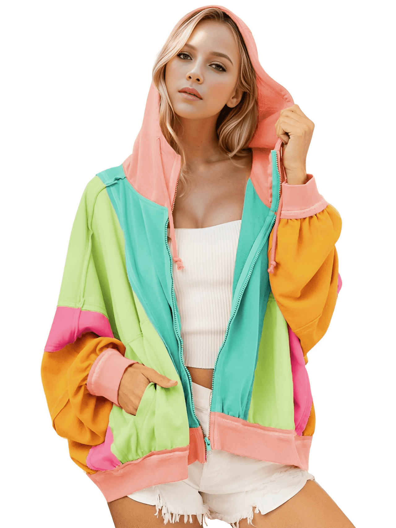 Women's Double Take Color Block Zip-Up Hoodie, Drestiny, Hoodies, Long Sleeves, Casual Shirts, United States, USA, S, M, L, XL, XXL, 2XL, XXXL, 3XL, Khaki, Tiffany Blue, Heliotrope Purple, Burnt Coral, color block zip up hoodie, women's color block hoodie, athletic color block hoodie, trendy hoodies for women, shopdrestiny.com