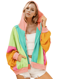 Thumbnail for Women's Double Take Color Block Zip-Up Hoodie, Drestiny, Hoodies, Long Sleeves, Casual Shirts, United States, USA, S, M, L, XL, XXL, 2XL, XXXL, 3XL, Khaki, Tiffany Blue, Heliotrope Purple, Burnt Coral, color block zip up hoodie, women's color block hoodie, athletic color block hoodie, trendy hoodies for women, shopdrestiny.com