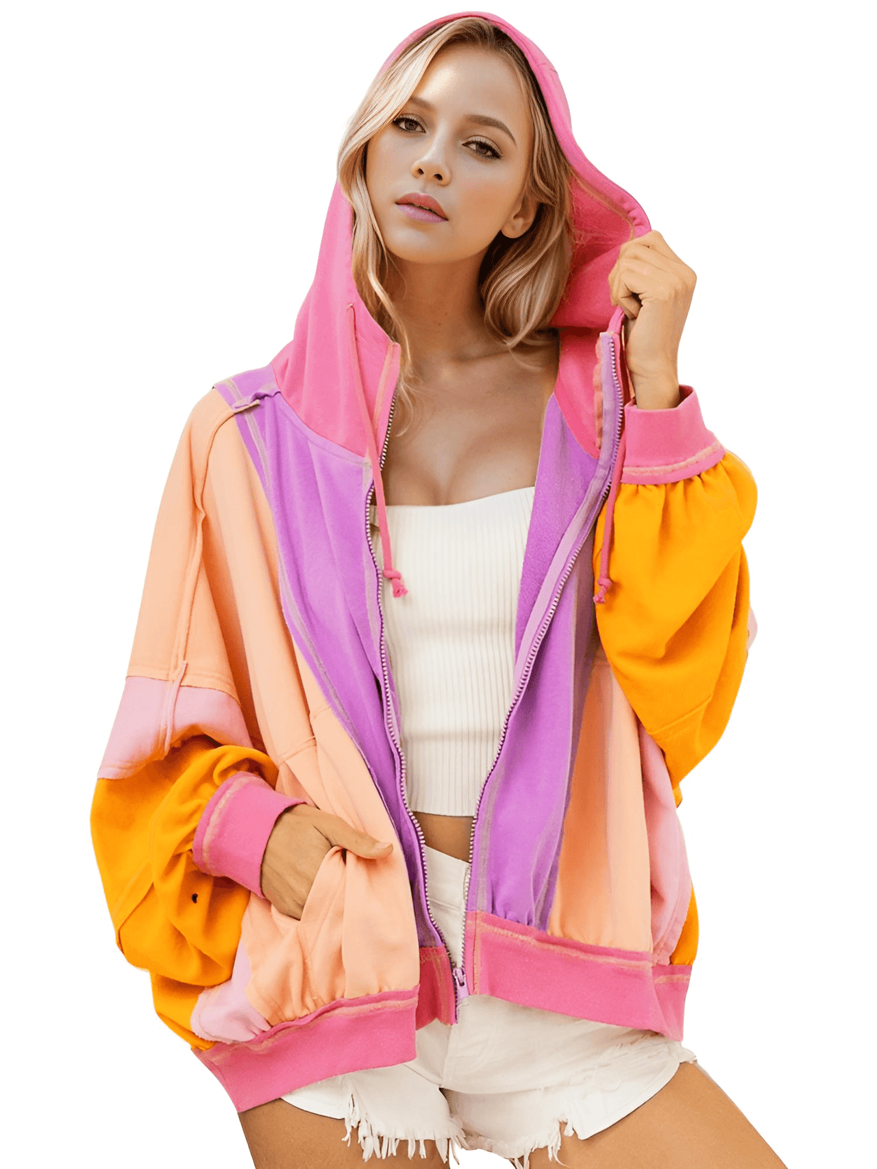 Women's Double Take Color Block Zip-Up Hoodie, Drestiny, Hoodies, Long Sleeves, Casual Shirts, United States, USA, S, M, L, XL, XXL, 2XL, XXXL, 3XL, Khaki, Tiffany Blue, Heliotrope Purple, Burnt Coral, color block zip up hoodie, women's color block hoodie, athletic color block hoodie, trendy hoodies for women, shopdrestiny.com