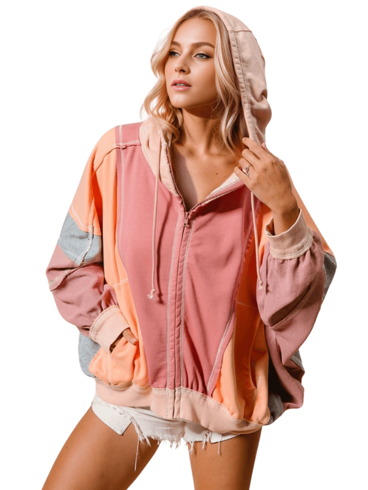 Women's Double Take Color Block Zip-Up Hoodie, Drestiny, Hoodies, Long Sleeves, Casual Shirts, United States, USA, S, M, L, XL, XXL, 2XL, XXXL, 3XL, Khaki, Tiffany Blue, Heliotrope Purple, Burnt Coral, color block zip up hoodie, women's color block hoodie, athletic color block hoodie, trendy hoodies for women, shopdrestiny.com