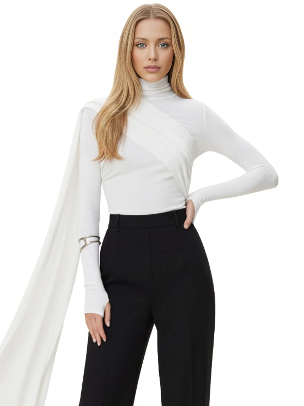 Women's Draped Turtleneck Top Long Sleeve Slimming Designer Top Female Fashion