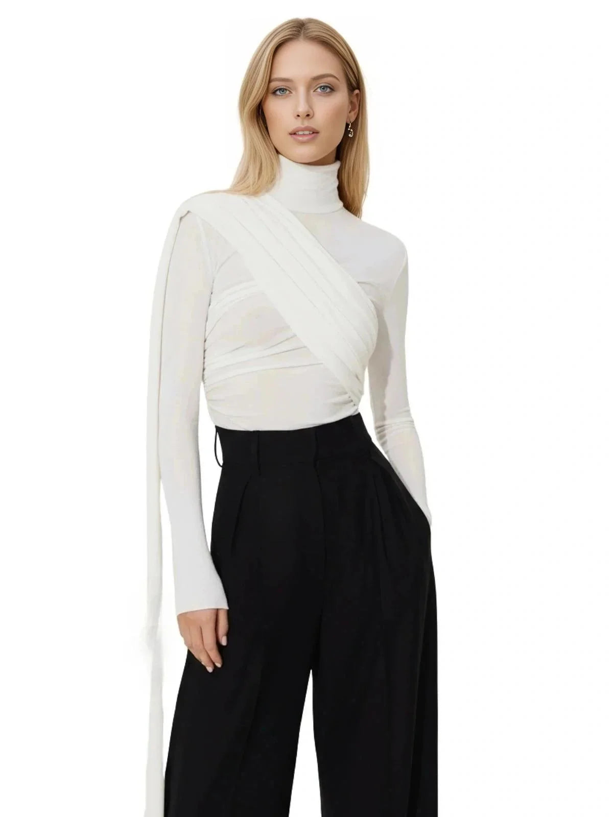 Women's Draped Turtleneck Top Long Sleeve Slimming Designer Top Female Fashion