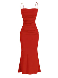 Thumbnail for Red evening gown with thin straps on a white background