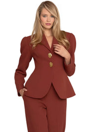 Thumbnail for Woman wearing a red suit with gold buttons on a white background