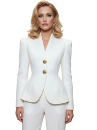Thumbnail for Woman wearing a white suit with gold buttons on a white background