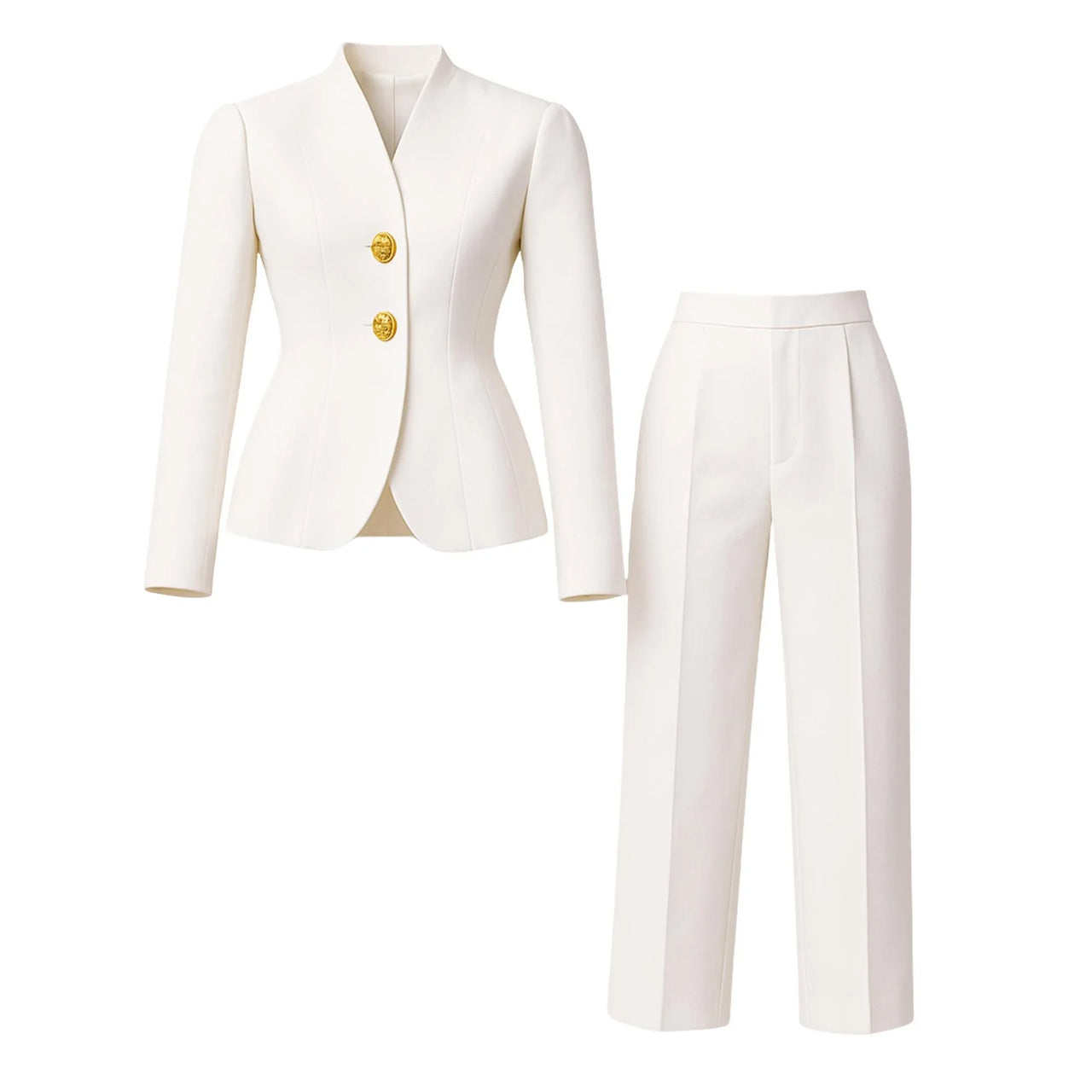 White suit jacket and pants with gold buttons on a white background
