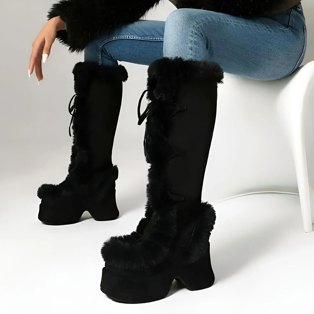 Women's Faux-Fur Chunky Platform Boots Block High Heel Boots
