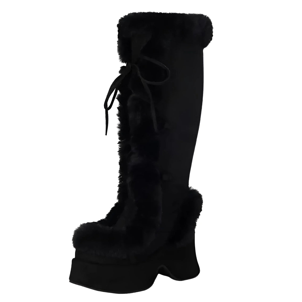 Black knee-high boot with fur trim on a white background