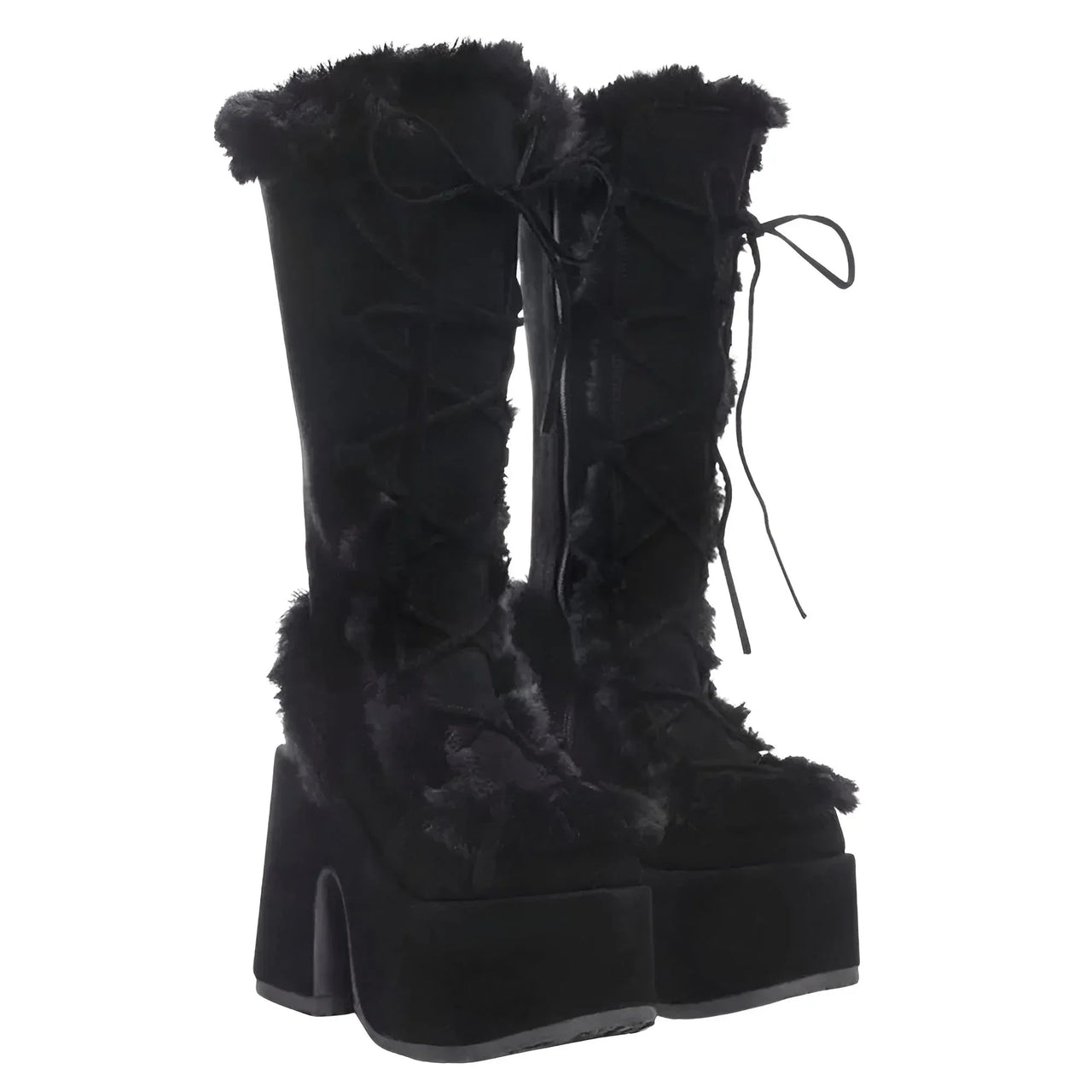 Black platform boots with fur trim on a white background