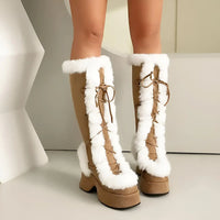 Thumbnail for Tan knee-high platfrom boots with white fur trim worn by a person on a neutral background