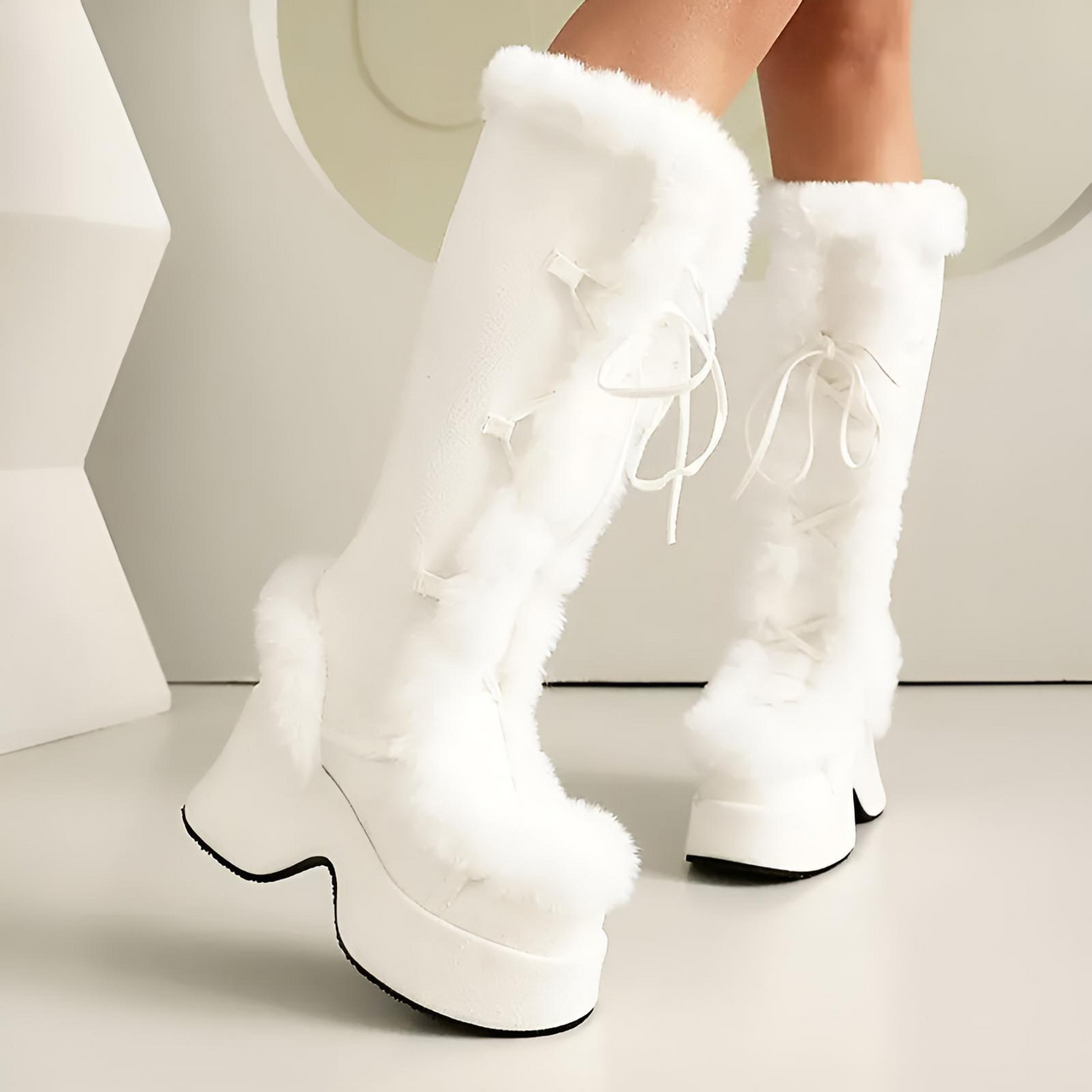 White platform boots with fluffy white fur trim on a neutral background