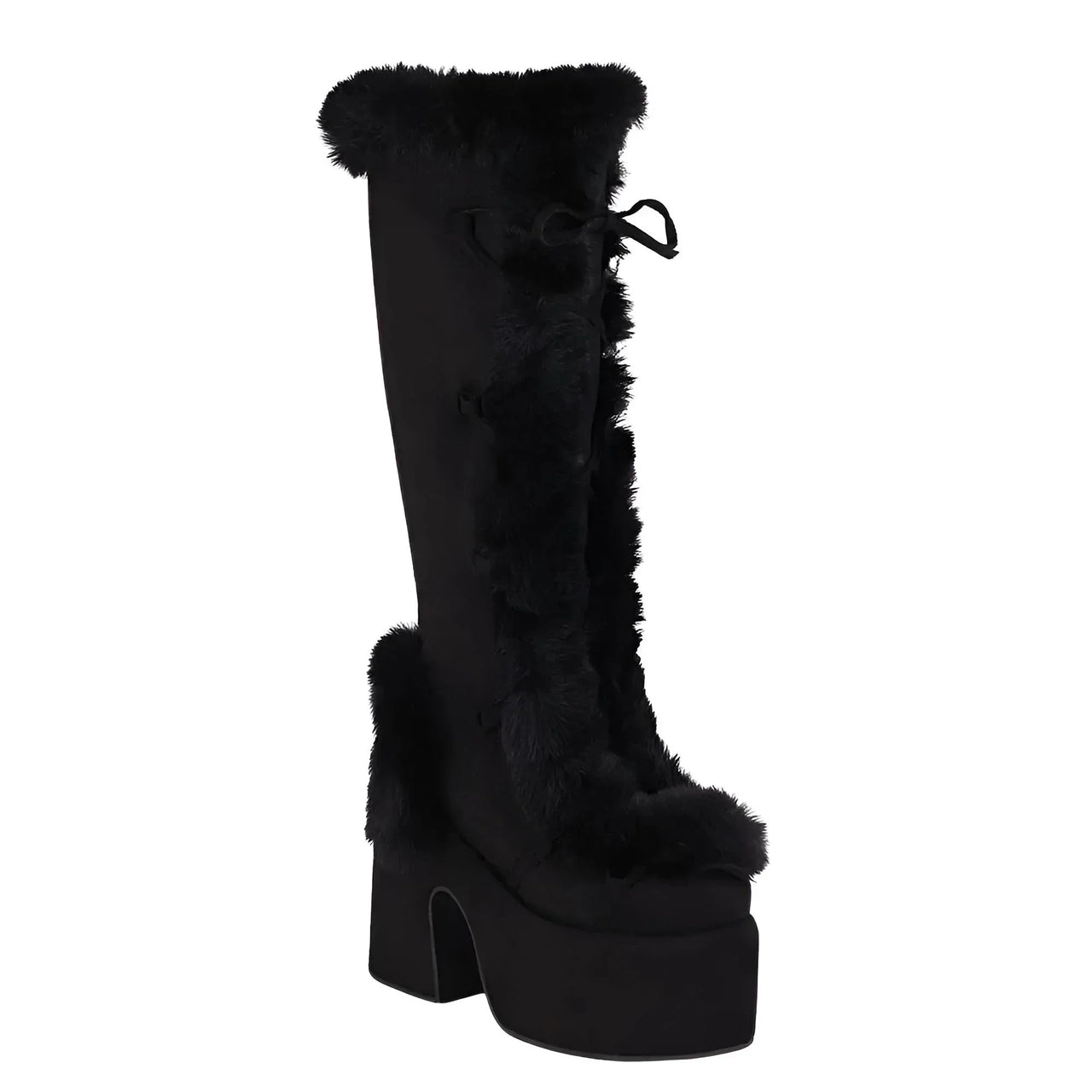 Black knee-high platform boot with fur details on a white background